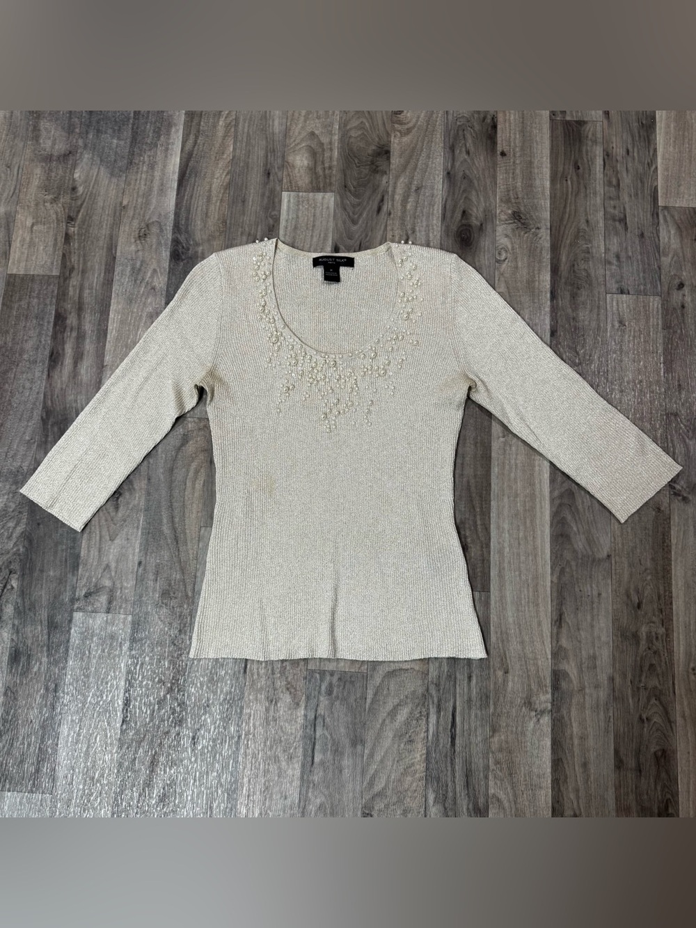 August Silk Pearl Embellished Silk Blend Metallic Knit Top Y2K Medium